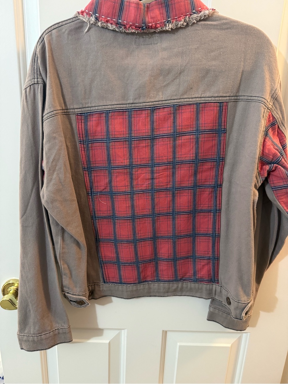 easel Taupe Jean Jacket with Red Plaid Accents and Mixed Patch Pockets - Picture 4 of 5